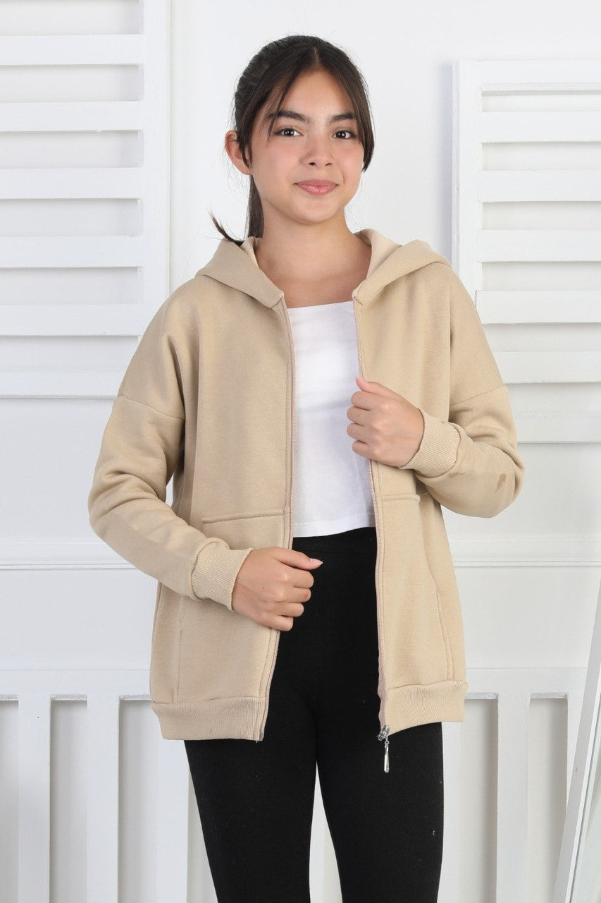 Şardonlu 3 İplik Kapşonlu Kız Çocuk Sweatshirt