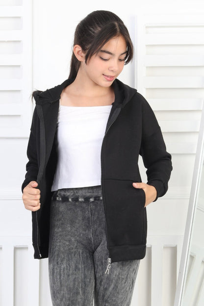 Şardonlu 3 İplik Kapşonlu Kız Çocuk Sweatshirt