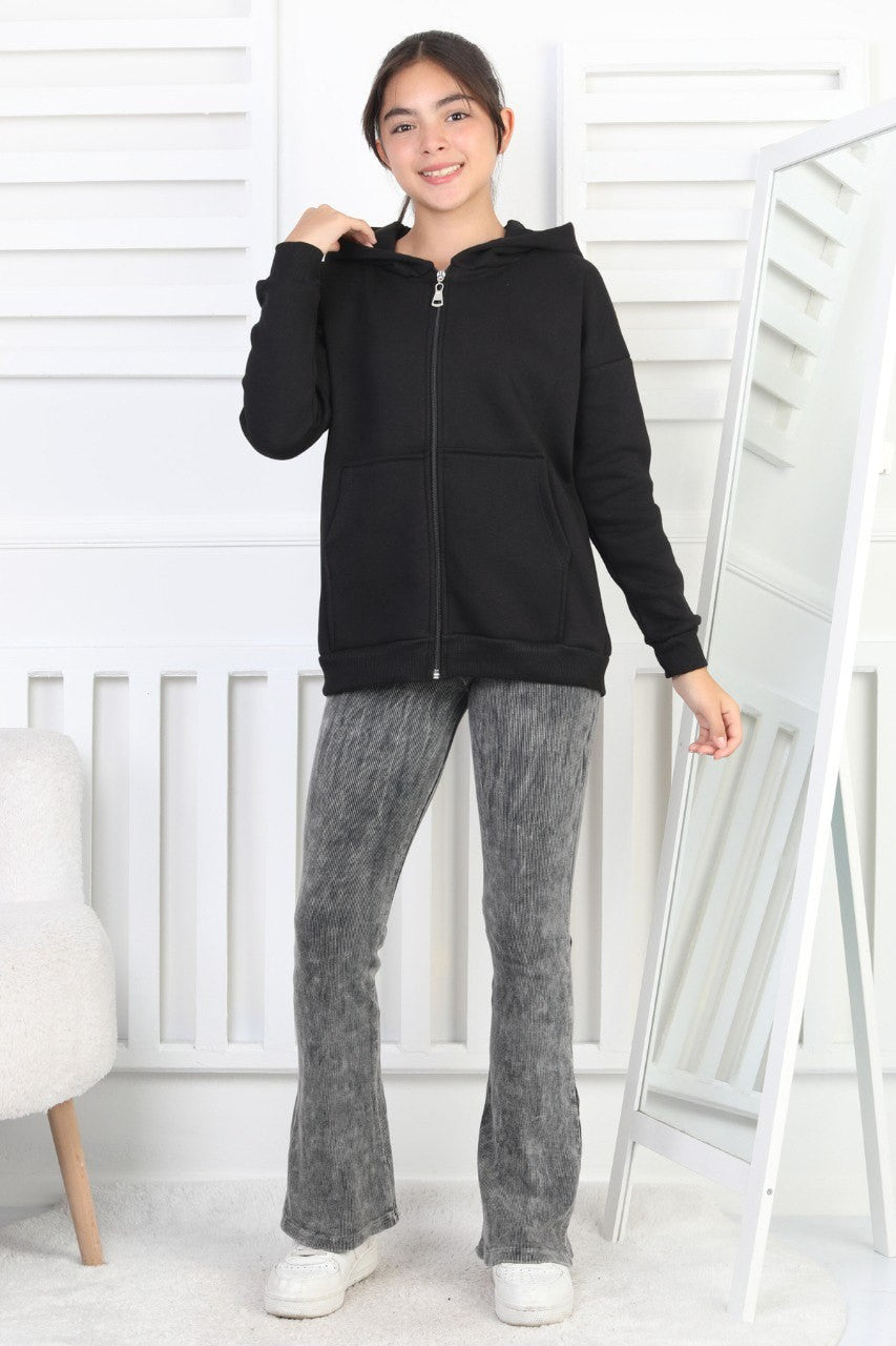 Şardonlu 3 İplik Kapşonlu Kız Çocuk Sweatshirt