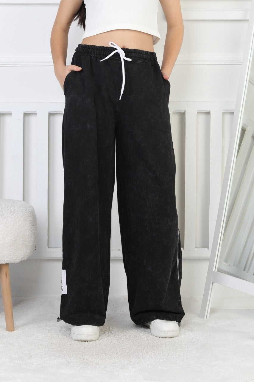 İki İplik Yıkamalı Dik Çizgili Baskılı Kız Çocuk Eşofman Altı