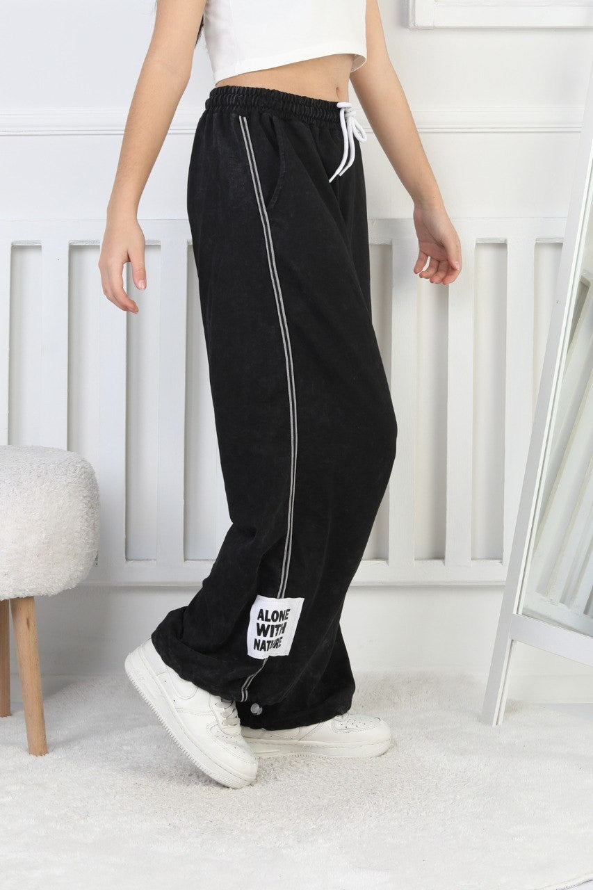 İki İplik Yıkamalı Dik Çizgili Baskılı Kız Çocuk Eşofman Altı