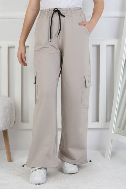 İki İplik Baskılı Kargo Çepli Kız Çocuk Eşofman Altı