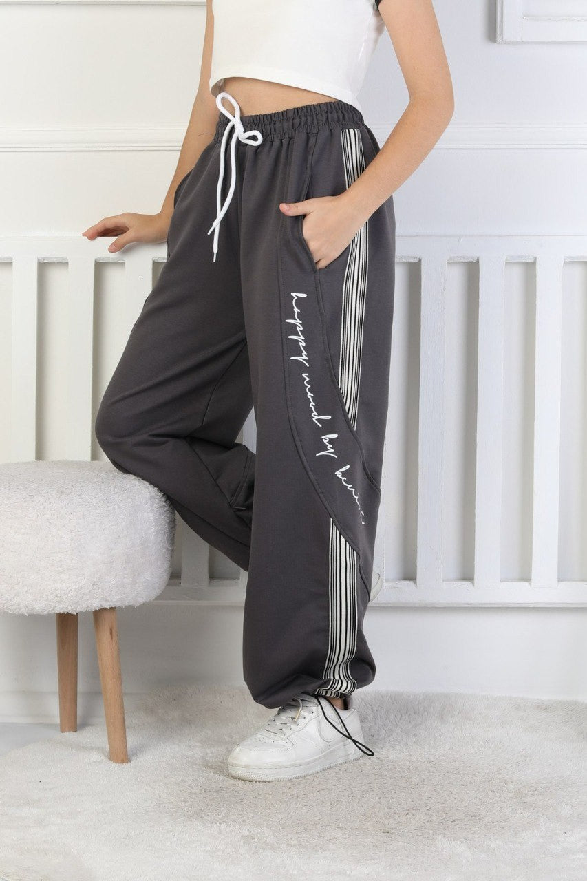 İki İplik Çizgili Baskılı Kız Çocuk Eşofman Altı