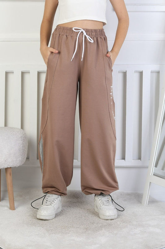 İki İplik Çizgili Baskılı Kız Çocuk Eşofman Altı