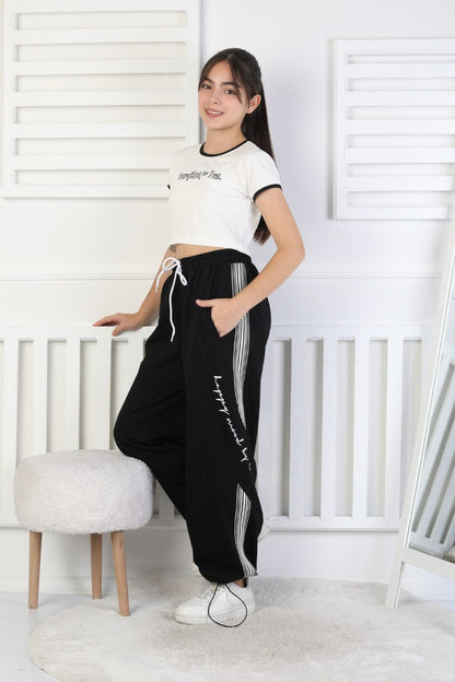 İki İplik Çizgili Baskılı Kız Çocuk Eşofman Altı