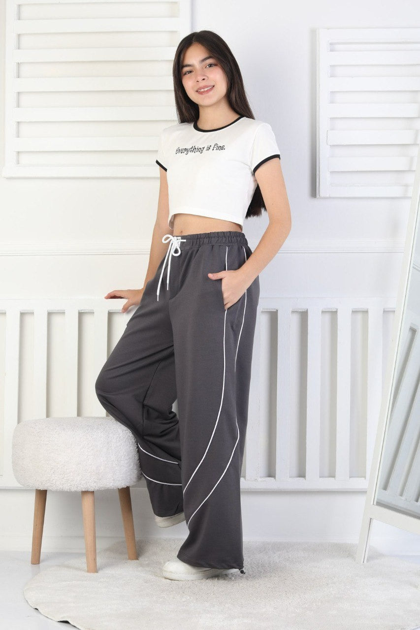 İki İplik Baskılı Çapraz Çizgili Kız Çocuk Eşofman Altı