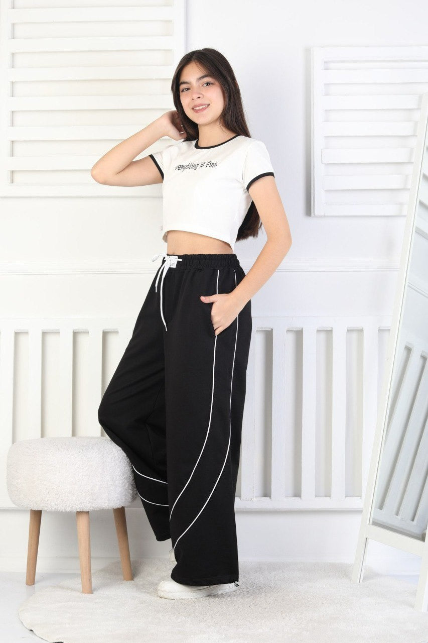 İki İplik Baskılı Çapraz Çizgili Kız Çocuk Eşofman Altı