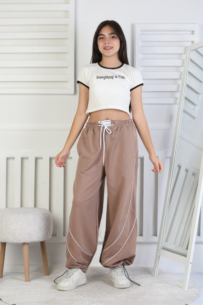 İki İplik Baskılı Çapraz Çizgili Kız Çocuk Eşofman Altı