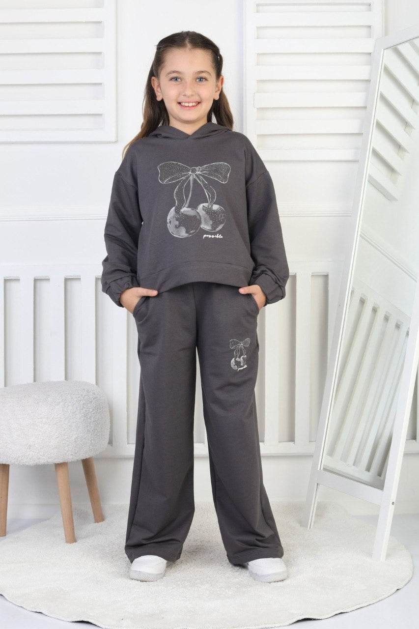 İki İplik Kapüşonlu Baskılı Kız Çocuk Takım