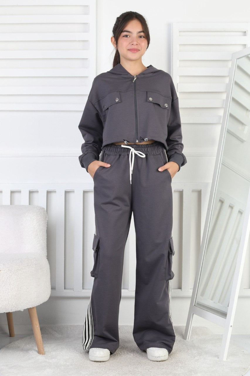 İki İplik Kargo Cepli Croplu Kız Çocuk Takım