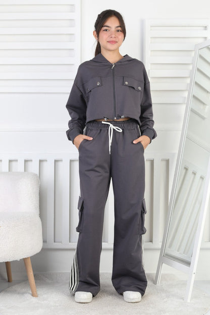 İki İplik Kargo Cepli Croplu Kız Çocuk Takım