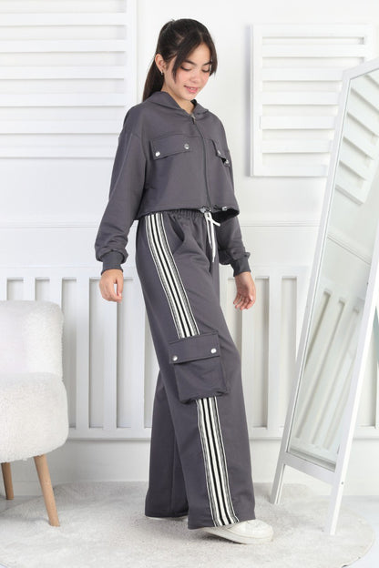 İki İplik Kargo Cepli Croplu Kız Çocuk Takım