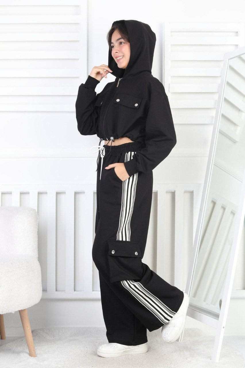 İki İplik Kargo Cepli Croplu Kız Çocuk Takım