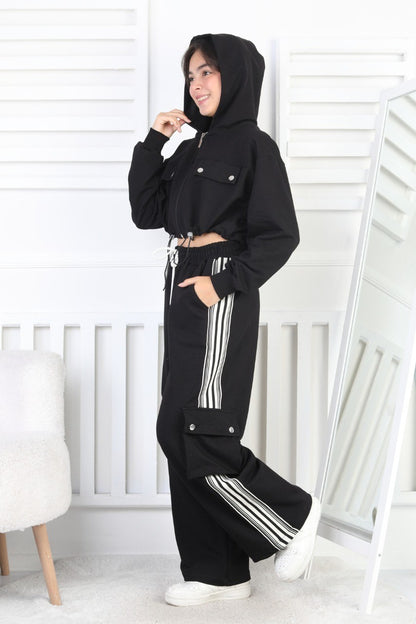 İki İplik Kargo Cepli Croplu Kız Çocuk Takım