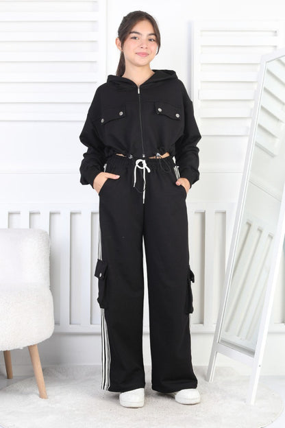 İki İplik Kargo Cepli Croplu Kız Çocuk Takım