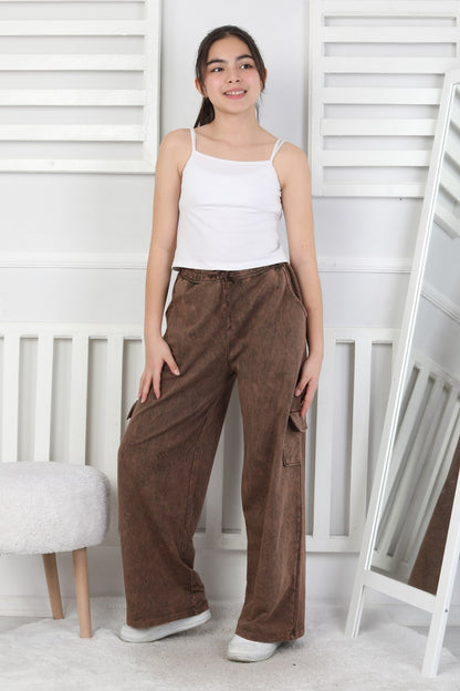 İki İplik Yıkamalı Kargo Çepli Kız Çocuk Eşofman Altı