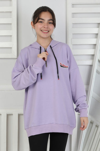 Baskılı Fermuarlı Kapüşonlu Kız Çocuk Sweatshirt