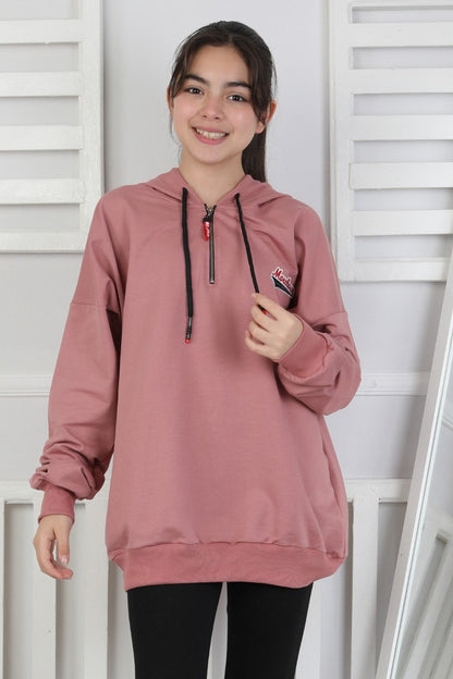 Baskılı Fermuarlı Kapüşonlu Kız Çocuk Sweatshirt