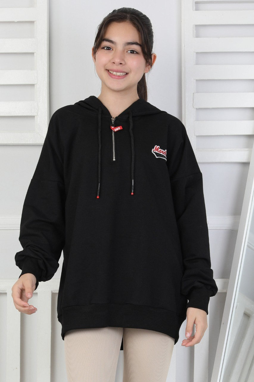 Baskılı Fermuarlı Kapüşonlu Kız Çocuk Sweatshirt