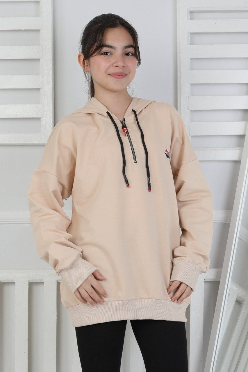 Baskılı Fermuarlı Kapüşonlu Kız Çocuk Sweatshirt