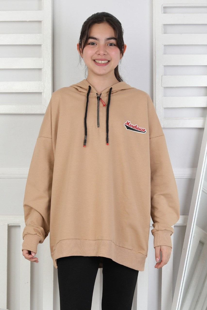 Baskılı Fermuarlı Kapüşonlu Kız Çocuk Sweatshirt