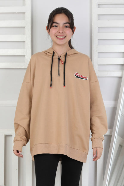 Baskılı Fermuarlı Kapüşonlu Kız Çocuk Sweatshirt