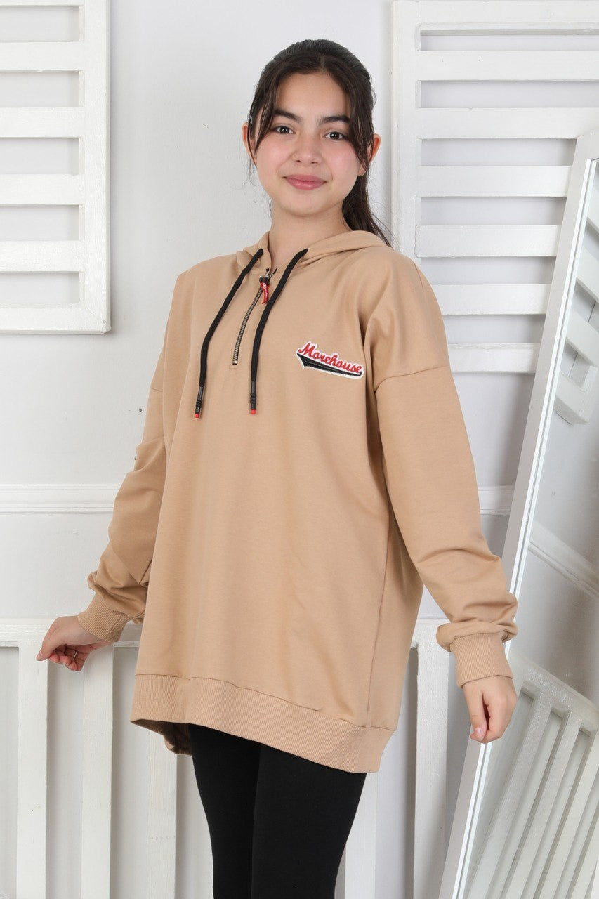 Baskılı Fermuarlı Kapüşonlu Kız Çocuk Sweatshirt