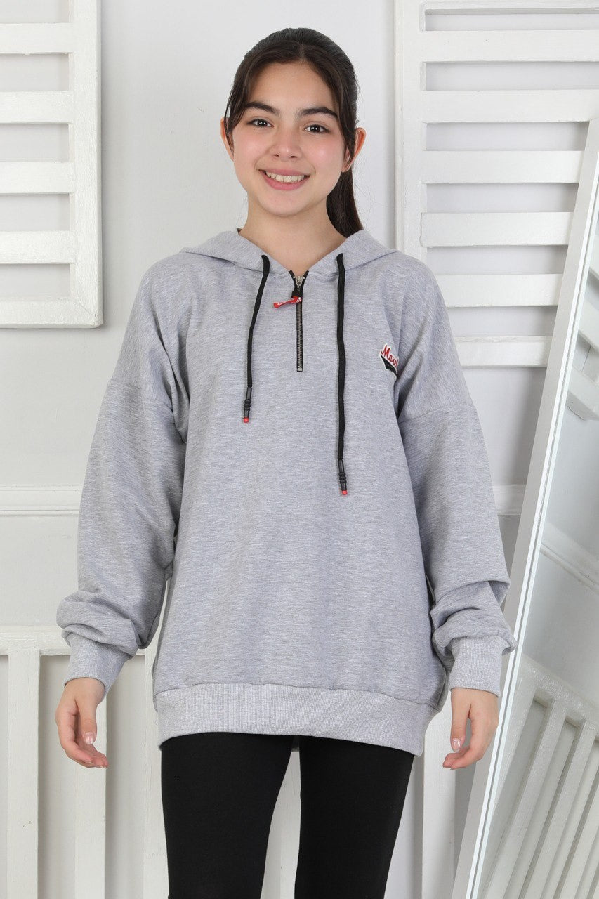 Baskılı Fermuarlı Kapüşonlu Kız Çocuk Sweatshirt