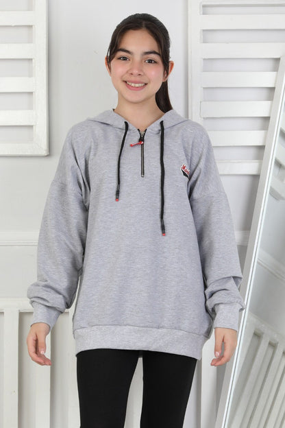 Baskılı Fermuarlı Kapüşonlu Kız Çocuk Sweatshirt