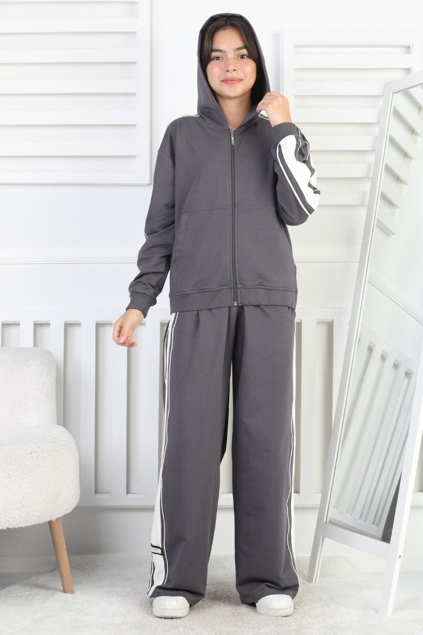 İki İplik Çizgili Kapşonlu Fermuarlı Kız Çocuk Takım