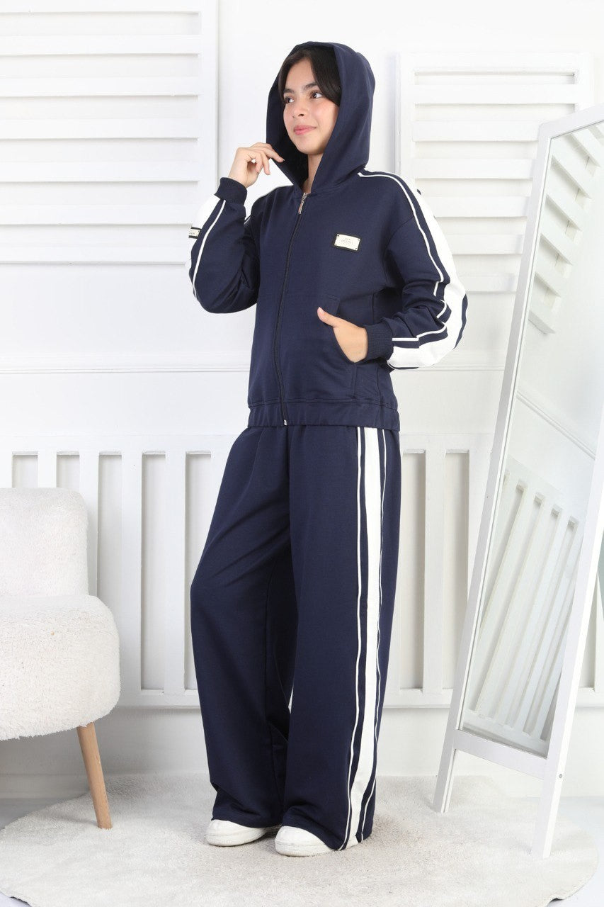 İki İplik Çizgili Kapşonlu Fermuarlı Kız Çocuk Takım