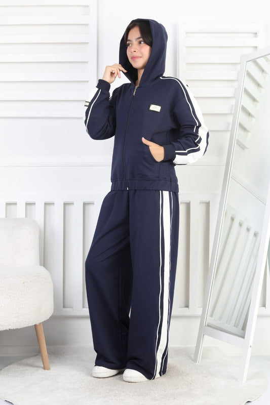 İki İplik Çizgili Kapşonlu Fermuarlı Kız Çocuk Takım