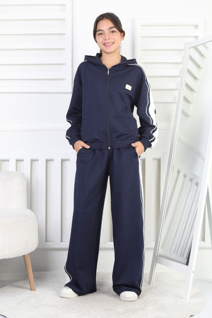 İki İplik Çizgili Kapşonlu Fermuarlı Kız Çocuk Takım