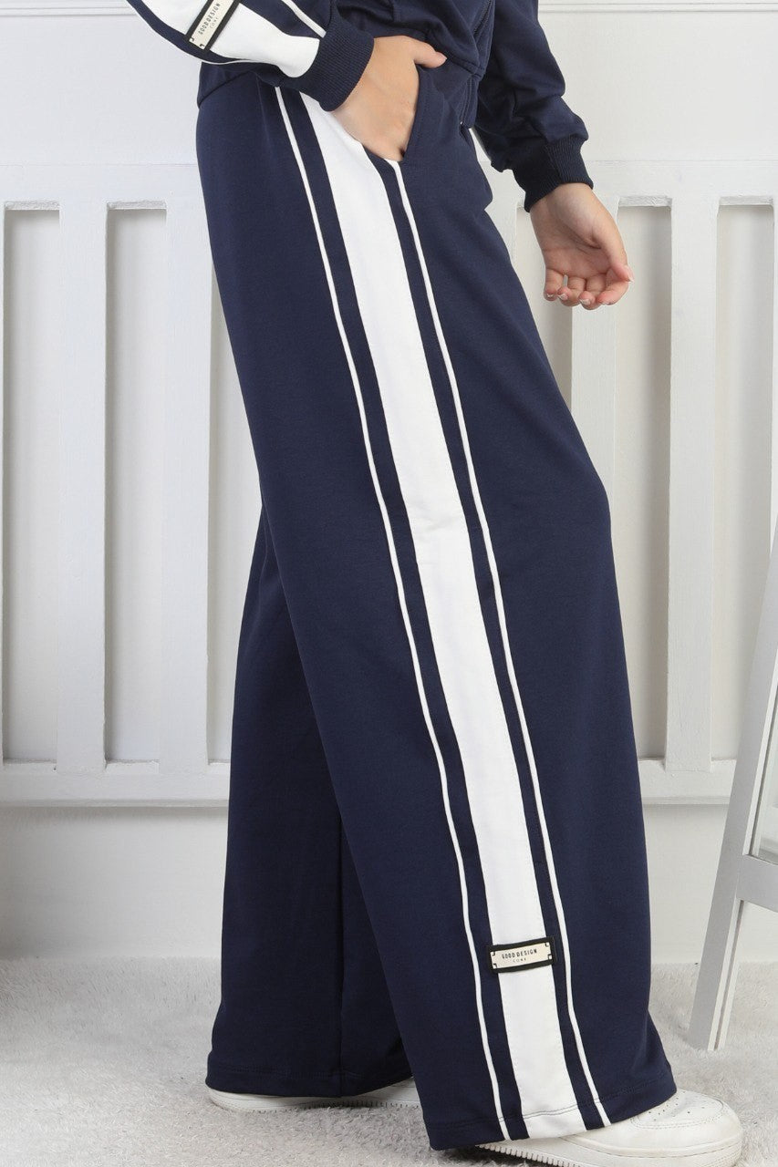 İki İplik Çizgili Kapşonlu Fermuarlı Kız Çocuk Takım