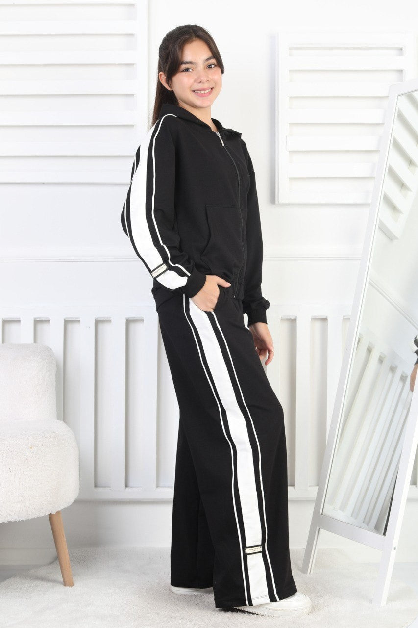 İki İplik Çizgili Kapşonlu Fermuarlı Kız Çocuk Takım