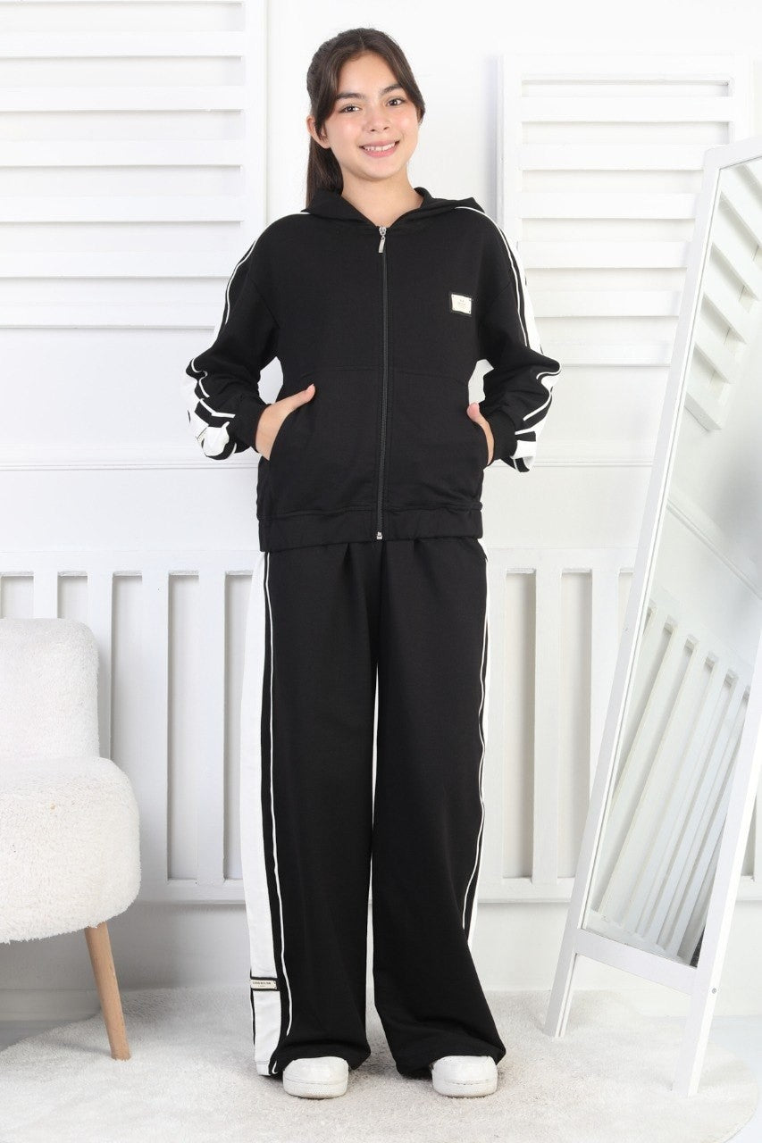 İki İplik Çizgili Kapşonlu Fermuarlı Kız Çocuk Takım