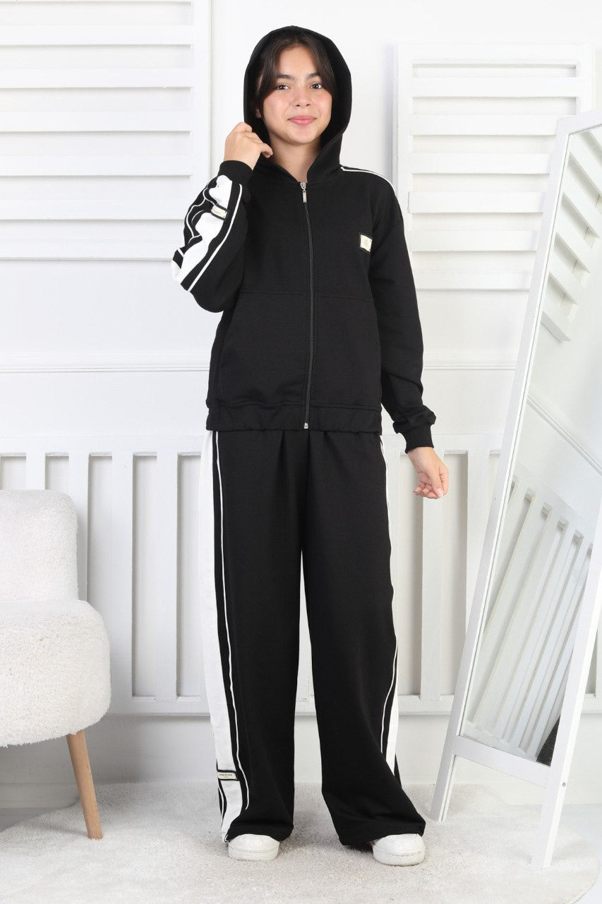 İki İplik Çizgili Kapşonlu Fermuarlı Kız Çocuk Takım