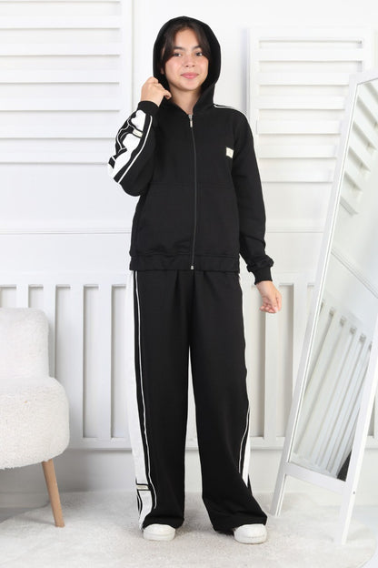 İki İplik Çizgili Kapşonlu Fermuarlı Kız Çocuk Takım