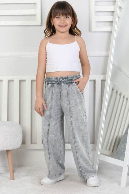 İki İplik Önü Çizgi Detaylı Yıkamalı Kız Çocuk Eşofman Altı