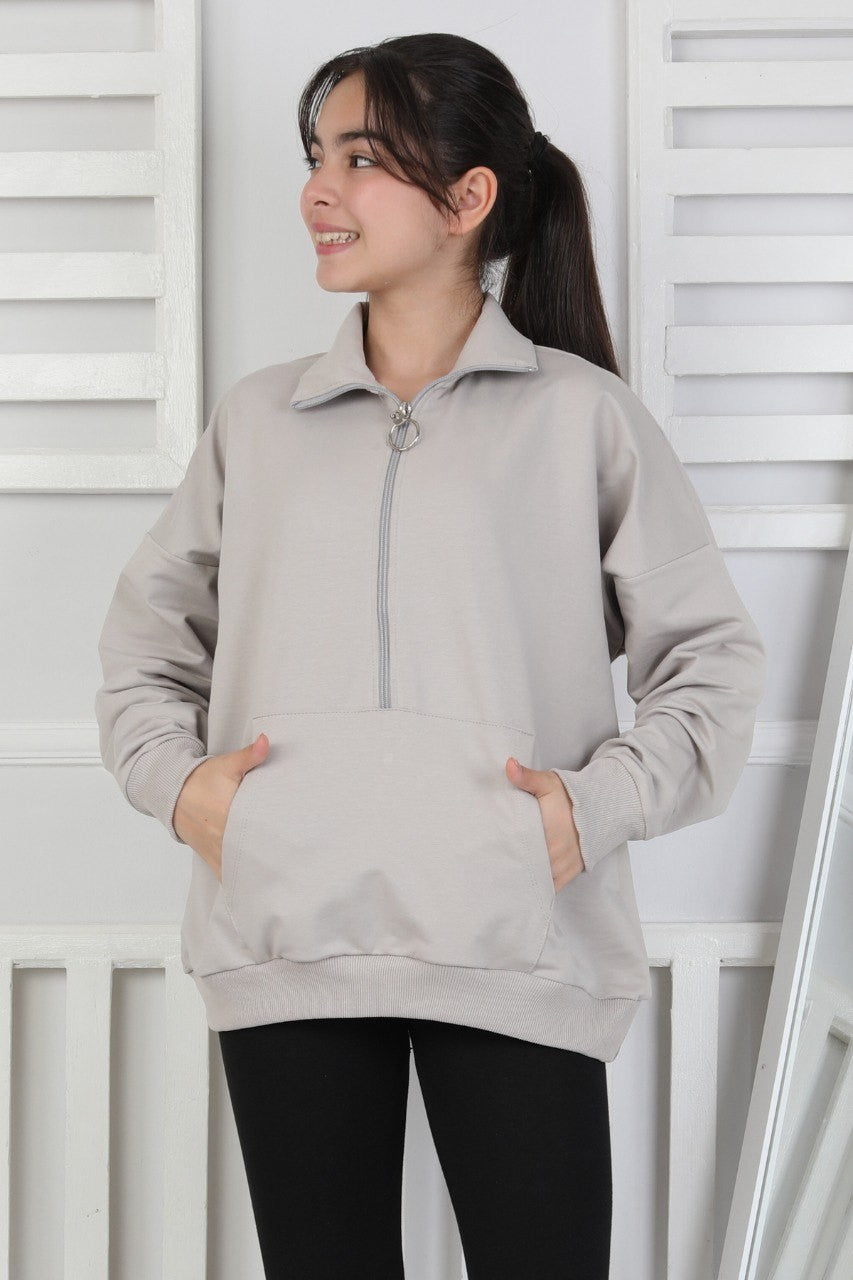 Yarım Fermuarlı Kapüşonlu Kız Çocuk Sweatshirt