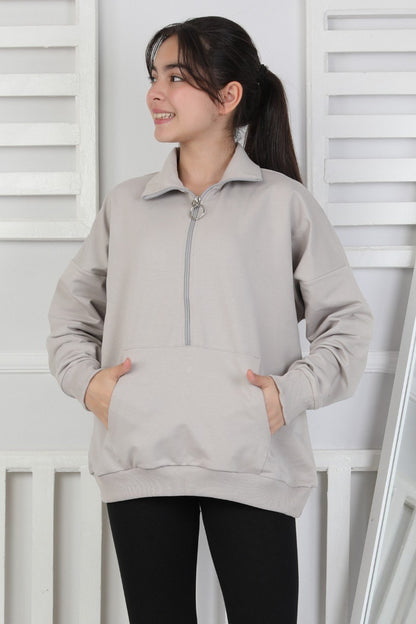 Yarım Fermuarlı Kapüşonlu Kız Çocuk Sweatshirt
