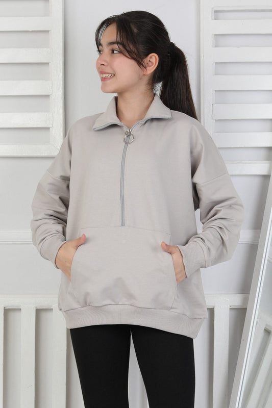 Yarım Fermuarlı Kapüşonlu Kız Çocuk Sweatshirt