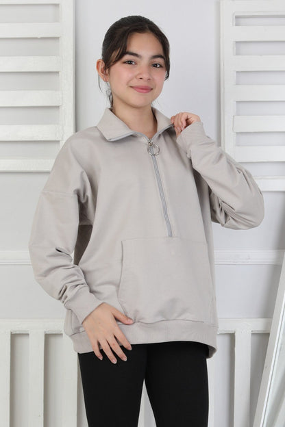Yarım Fermuarlı Kapüşonlu Kız Çocuk Sweatshirt