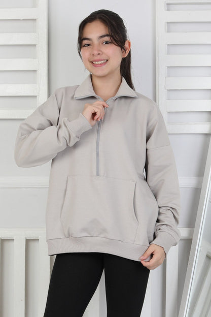 Yarım Fermuarlı Kapüşonlu Kız Çocuk Sweatshirt