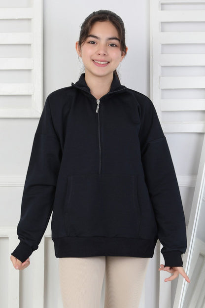 Yarım Fermuarlı Kapüşonlu Kız Çocuk Sweatshirt
