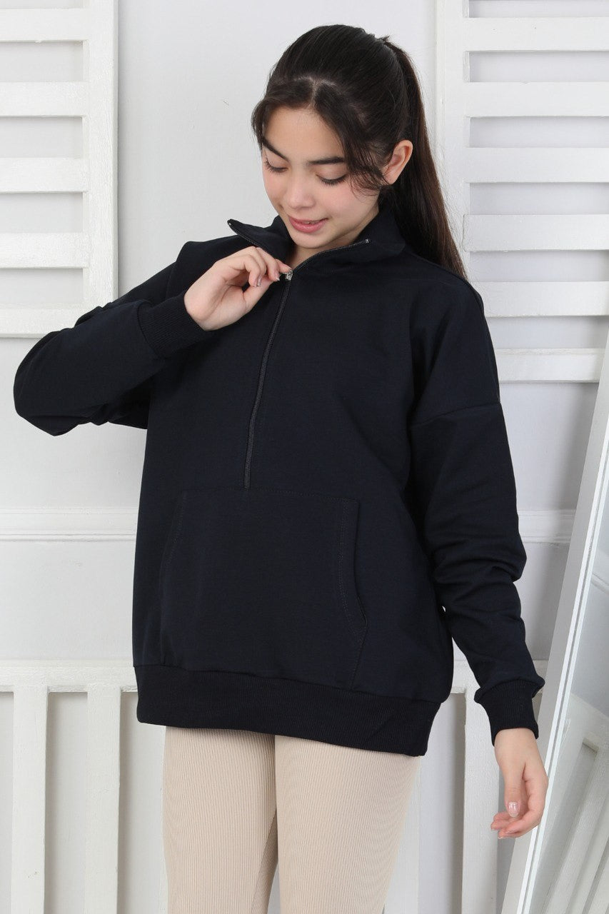 Yarım Fermuarlı Kapüşonlu Kız Çocuk Sweatshirt