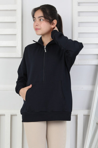 Yarım Fermuarlı Kapüşonlu Kız Çocuk Sweatshirt