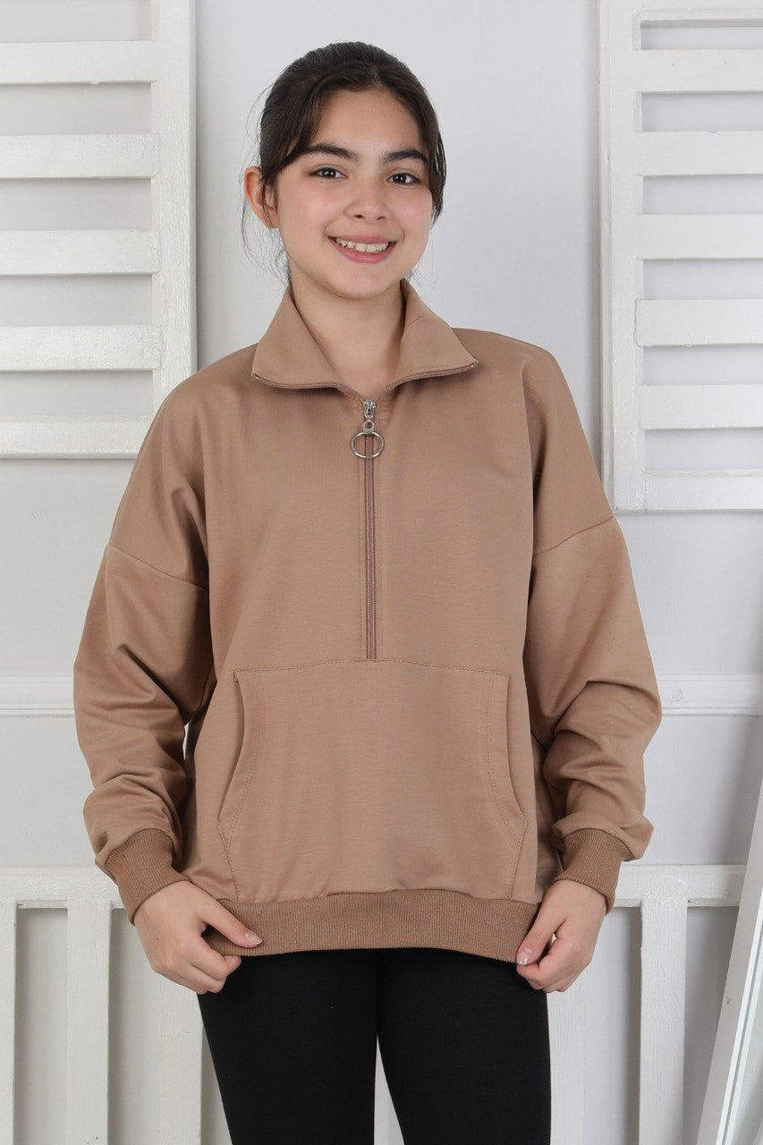 Yarım Fermuarlı Kapüşonlu Kız Çocuk Sweatshirt