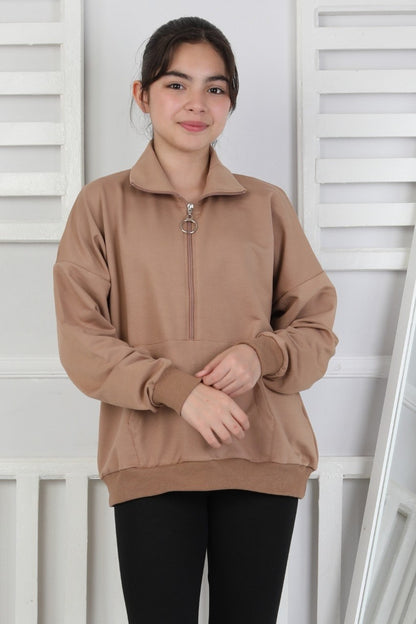 Yarım Fermuarlı Kapüşonlu Kız Çocuk Sweatshirt