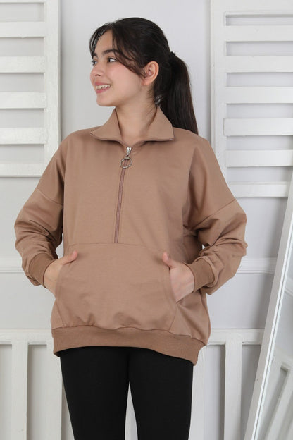 Yarım Fermuarlı Kapüşonlu Kız Çocuk Sweatshirt